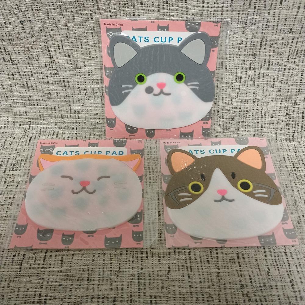 Set of 3 Cat Face Silicone Coasters Grey Brown White Feline Cup Pads Non-Slip